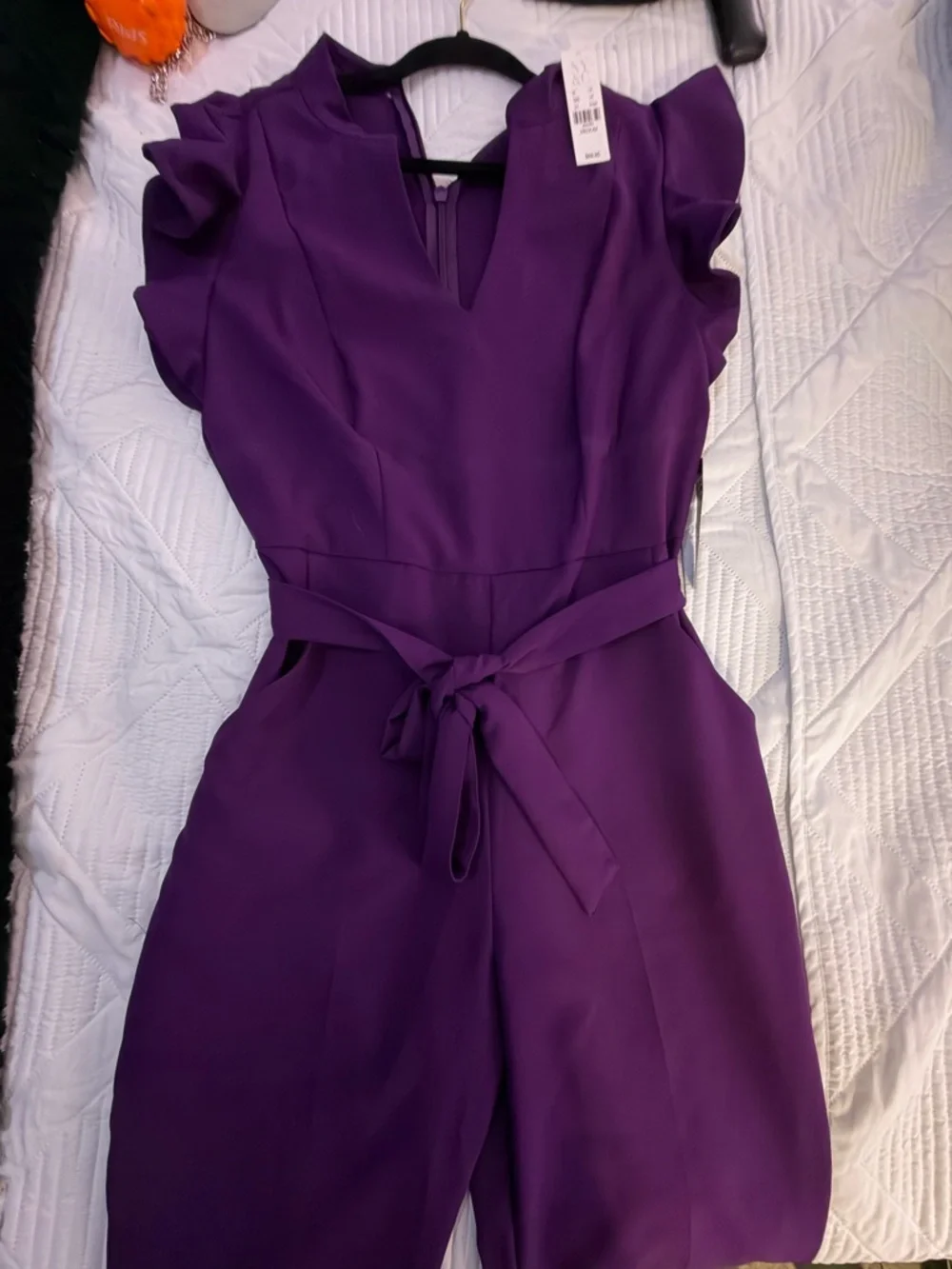 New York & Company Purple Ruffle-Sleeve Jumpsuit with Tie Waist - Picture 3 of 3